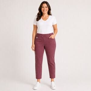 Dream Jeannes Quacker Factory 1X Burgundy Rhinestone Pull On Pants 29 Long